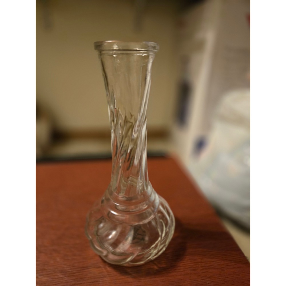 Vintage Clear Glass Spiral Optic Twist Bud Vase Bulbous Base Flared Rim 7 Inch